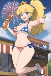 1girl 4th_of_july ai_generated american_flag_bikini big_breasts bikini blonde_hair fourth_of_july jewelry mario_(series) midriff ponytail princess_peach self_upload stable_diffusion wide_hips