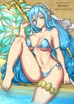  1girl 1girl alluring azura_(fire_emblem) barefoot bikini blue_hair breasts cleavage fire_emblem hair_between_eyes hairband holding holding_lance holding_polearm holding_weapon jewelry lance long_hair looking_at_viewer navel nintendo polearm redjet smile swimsuit very_long_hair weapon yellow_eyes 