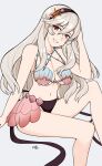  1girl absurd_res alluring big_breasts bikini black_hairband breasts cleavage corrin_(fire_emblem) corrin_(fire_emblem)_(female) fire_emblem fire_emblem_cipher fire_emblem_fates hairband hand_on_own_head high_res kgctcg long_hair looking_at_viewer nintendo official_alternate_costume pointy_ears red_eyes shell shell_bikini smile swimsuit white_hair 