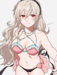  1girl alluring bare_arms bare_shoulders big_breasts bikini black_hairband breasts cleavage commentary corrin_(fire_emblem) corrin_(fire_emblem)_(female) cowboy_shot fire_emblem fire_emblem_cipher fire_emblem_fates grey_background grey_hair groin hair_between_eyes hairband high_res long_hair looking_at_viewer navel nintendo official_alternate_costume peach11_01 pink_bikini pointy_ears red_eyes shell shell_bikini simple_background smile standing stomach swimsuit very_long_hair 