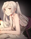  1girl alluring alternate_breast_size big_breasts book breasts brown_eyes cleavage fire_emblem fire_emblem_awakening gloves high_res long_hair looking_at_viewer lying nintendo on_stomach peach11_01 reading robe robin_(fire_emblem) robin_(fire_emblem)_(female) sideboob smile tank_top twin_tails upper_body white_hair 