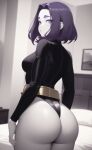 1girl ai_generated big_ass booty dat_ass dc_comics leotard looking_back pawg purple_eyes purple_hair rachel_roth raven_(dc) short_hair teen_titans thick thick_thighs