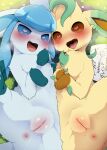 <3 <3_eyes 1girl anthro anus aroused ass blush bodily_fluids dagasi digital_media_(artwork) drooling duo eeveelution feral fur gen_4_pokemon genital_fluids genitals glaceon grass high_res hypnosis leafeon looking_at_viewer lying mind_control nintendo on_back open_mouth outside paper plant pokemon pokemon_(species) pussy pussy_juice saliva smile smiling_at_viewer spread_legs spreading sweat