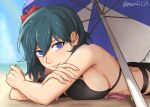  1girl alluring beach beach_umbrella big_breasts bikini black_bikini blue_eyes breasts byleth_(female) byleth_(fire_emblem) byleth_(fire_emblem)_(female) closed_mouth commentary crossed_arms day fire_emblem fire_emblem:_three_houses fire_emblem_heroes flower hair_flower hair_ornament hibiscus high_res looking_at_viewer lying nintendo official_alternate_costume on_stomach outside peach11_01 short_hair sideboob smile string_bikini swimsuit teal_hair twitter_username umbrella upper_body wet 