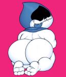  1boy 2022 ass ass_focus big_ass blue_tongue bubble_ass bubble_butt butt_focus chubby darkner deltarune deltarune_chapter_1 feet filthyopossum high_res humanoid kneel lancer_(deltarune) looking_back magenta_background male male_only pink_background simple_background smile solid_color_background spades_(suit) suit_symbol teeth tongue tongue_out undertale_(series) white_body white_skin 