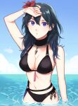  1girl absurd_res alluring arm_up bikini black_bikini blue_eyes blue_sky blush breasts byleth_(female) byleth_(fire_emblem) byleth_(fire_emblem)_(female) cleavage cloud cloudy_sky commentary cowboy_shot dagger day fire_emblem fire_emblem:_three_houses fire_emblem_heroes flower hair_between_eyes hair_flower hair_ornament hand_on_own_head hibiscus high_res jewelry knife lips long_hair looking_at_viewer medium_breasts navel nintendo ocean official_alternate_costume outside parted_lips peach11_01 pendant puckered_lips ribbon ripples sheath sheathed sky standing stomach swimsuit tassel teal_hair wading water weapon wet wet_hair wrist_ribbon 