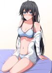 1girl alluring black_hair blue_bra blue_eyes blue_panties blush bow bra breasts collarbone hair_bow high_res konoyan long_hair looking_at_viewer medium_breasts navel open_clothes open_shirt panties red_bow shirt silf sitting smile underwear white_shirt yahari_ore_no_seishun_lovecome_wa_machigatteiru. yukinoshita_yukino