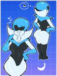  1girl 4_fingers ass banana big_ass black_boots black_eyes blue_background blue_body blue_gloves blue_lipstick boots breasts bubble_butt clothed clothing darkner deltarune deltarune_chapter_2 eyelashes female gloves gradient_background hands_on_hips high_heel_boots hosses21 lancer_(deltarune) latex latex_armwear latex_clothing latex_gloves latex_suit laughing lips lipstick milf multicolored_body open_mouth queen_(deltarune) robot robot_girl shiny_clothes shiny_skin simple_background solo_female standing text undertale_(series) white_body wide_hips 