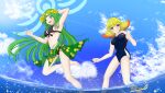 2_girls alluring bikini blonde_and_red_hair blue_sky green_hair kid_icarus kid_icarus_uprising lemon_(artist) nintendo palutena phosphora purple_eyes sea