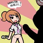  1boy 1girl ? big_breasts black_eyes breasts erina mask megaphone nintendo no_panties no_skirt penis pussy reporter_(rhythm_tengoku) rhythm_heaven rhythm_tengoku silhouette speech_bubble speech_bubbles tie white_shirt 