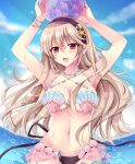  1girl alluring arms_up black_hairband blue_sky cloud corrin_(fire_emblem) corrin_(fire_emblem)_(female) day fire_emblem fire_emblem_cipher fire_emblem_fates hairband high_res kirishima_riona long_hair nintendo open_mouth outside pointy_ears red_eyes shell shell_bikini sky upper_body water white_hair 