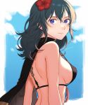  1girl alluring back big_breasts bikini black_bikini black_cape blue_sky breasts byleth_(female) byleth_(fire_emblem) byleth_(fire_emblem)_(female) cape closed_mouth cloud commentary_request fire_emblem fire_emblem:_three_houses fire_emblem_heroes flower from_side hair_between_eyes hair_flower hair_ornament hibiscus high_res long_hair looking_at_viewer nintendo official_alternate_costume peach11_01 purple_eyes red_flower sideboob sky smile swimsuit teal_hair twitter_username upper_body 