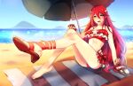  1girl 1girl alluring bare_shoulders barefoot bikini bikini_skirt blush cordelia_(fire_emblem) cordelia_(summer)_(fire_emblem) fire_emblem fire_emblem_awakening fire_emblem_heroes gloves hair_ornament long_hair looking_at_viewer nintendo ocean open_mouth parasol red_eyes red_hair sandals seashell shell shore smile starfish streyah summer swimsuit thighs towel umbrella 