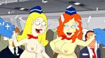  2girls american_dad big_breasts blonde_hair blue_eyes cartoon_milf francine_smith naughty_stewardess_(american_dad) pillow_fight red_hair redhead stewardess topless_(female) 