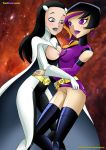  2_girls 2girls black_hair boots dc dc_comics duo_damsel female/female female_only legion_of_superheroes luornu_durgo palcomix phantom_girl tinya_wazzo triplicate_girl undressing yuri yuri_haven 