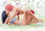 2girls arms bare_shoulders barefoot bed blue_bra blue_hair blue_panties blush bra breasts closed_eyes girl_on_top hair hinata_hyuuga kissing leaf leaves lingerie long_hair lying midriff multiple_girls naruto naruto_shippuden on_back panties pink_hair red_bra sakura_haruno short_hair shorts skirt strap underwear utena83 vine vines yuri