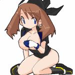  1girl alternate_breast_size alternate_color ass bandana bandanna blue_eyes bottomless breasts brown_hair covering covering_breasts erect_nipples fingerless_gloves gloves hat huge_breasts kneeling large_breasts long_hair lowres may_(pokemon) nipples oekaki open_clothes open_shirt pokemon shirt simple_background solo white_background 