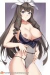 1girl 1girl 1girl areola aslind_samure bangs big_breasts blue_eyes blush breasts brown_hair clavicle cleavage closed_mouth cowboy_shot garter_belt girls_frontline hair_between_eyes high_resolution howa_type_64_(girls_frontline) lingerie long_hair looking_at_viewer navel nipples simple_background skindentation thighs underwear underwear_only very_long_hair