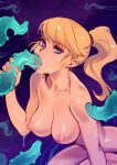 1girl 1girl 1girl areola artist_name artist_signature big_breasts blonde blue_eyes breasts clavicle completely_nude fellatio light-skinned looking_at_viewer metroid mole mole_under_mouth nintendo nipples nude oral perky_breasts ponytail samus_aran shiny shiny_skin slime slimy tentacle tentacle_grab tied_hair typo_(requiemdusk)