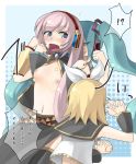  !? 3girls alternate_breast_size aqua_hair assisted_exposure blush bouncing_breasts breast_grab breast_padding breasts bullying flat_chest grabbing hatsune_miku kagamine_rin long_hair luka_megurine manobana_nodoka manoha_(sawayaka-batake) megurine_luka miku_hatsune multiple_girls nipples open_clothes open_shirt pads pink_hair rin_kagamine shirt tears vocaloid 