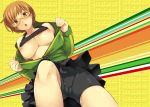  atlus bike_shorts breasts brown_eyes brown_hair cameltoe chie_satonaka flashing glasses highres jacket knee knees megami_tensei nipples persona persona_4 satonaka_chie short_hair skirt smiley_face zipper 