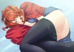 1girl angel_howling ass breasts censored covering covering_face covering_mouth endure_to_moan female fingering hand_over_mouth highres long_hair lying masturbation mizu on_side orange_hair pantyhose pantyhose_pull ponytail pussy_juice red_eyes red_hair solo takasugi_rinko