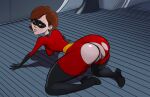  1girl all_fours ass big_ass brown_eyes brown_hair disney elastigirl female_focus female_only helen_parr looking_at_viewer looking_back pixar short_hair stickymon the_incredibles 