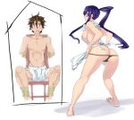  1boy 1girl apron ass bdsm big_breasts black_panties blue_eyes blush bondage bound boxers breasts brown_hair busujima_saeko butt_crack chair drooling erection erection_under_clothes female femdom highschool_of_the_dead komuro_takashi long_hair looking_back nearly_naked_apron owler panties panty_pull payot ponytail purple_hair sandals sideboob sidelocks sitting teasing thong underwear undressing 