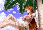 1girl alluring arm_support arm_tattoo bare_shoulders beach big_breasts bikini blue_sky bracelet breasts closed_mouth cloud collarbone day feet_out_of_frame jewelry knees_up leaning_back long_hair looking_at_viewer multicolored_bikini multicolored_clothes nami_(one_piece) nel-zel_formula one_piece orange_eyes orange_hair out_of_frame outside palm_leaf palm_tree photoshop_(medium) sand shiny shiny_skin side-tie_bikini sitting sky smile stomach striped striped_bikini swimsuit tattoo thighs tight toned tree under_boob very_long_hair