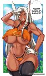 1girl 1girl areola breasts dark-skinned_female dark_skin duo_kawa erect_nipples female_only miruko my_hero_academia nipples rabbit_humanoid rumi_usagiyama speech_bubble stockings text thick_thighs wide_hips