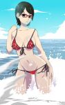 1girl alluring beach big_breasts bikini black_hair boruto:_naruto_next_generations female_only glasses naruto ocean sarada_uchiha short_hair side-tie_bikini swimsuit teen