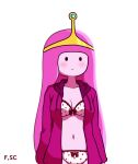 1girl adventure_time blush bow_bra bow_panties bra breasts crown fizzyspidercider hoodie panties pink_hair pink_skin polka_dot polka_dot_bra polka_dot_panties princess_bubblegum solo_female solo_focus underwear