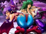  2_girls 2girls ass bare_shoulders bat_wings blush breasts bridal_gauntlets capcom demon_girl elbow_gloves female freeride-art gloves green_eyes green_hair hand_on_ass head_wings high_heels large_breasts leotard lilith_aensland long_hair morrigan_aensland multiple_girls nail_polish pantyhose print_pantyhose purple_eyes purple_hair shoes short_hair succubus tagme vampire_(game) wings 