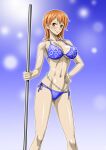 1girl alluring bare_arms bare_legs bare_shoulders big_breasts bikini blue_bikini blush breasts cleavage closed_mouth gradient gradient_background groin hand_on_hip high_res legs looking_at_viewer matching_hair/eyes nami_(one_piece) nel-zel_formula one_piece orange_eyes orange_hair short_hair simple_background smile standing swimsuit thighs