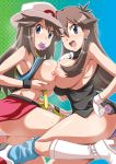 2girls big_breasts blue_(pokemon) blue_eyes breasts brown_hair condom dual_persona hair large_breasts long_hair multiple_girls nipples pokemon smile teeth yuri