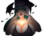 1girl big_breasts blood breasts capcom cleavage collarbone darkstalkers demon_girl ears female gigantic_breasts green_hair imakunni lips lipstick long_hair makeup morrigan_aensland smile solo succubus swimsuit tongue tongue_out vampire_(game)