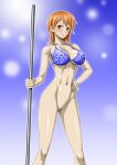 1girl alluring bare_arms bare_legs bare_shoulders big_breasts bikini blue_bikini blush breasts cleavage closed_mouth gradient gradient_background groin hand_on_hip high_res legs looking_at_viewer matching_hair/eyes naked_from_the_waist_down nami_(one_piece) nel-zel_formula one_piece orange_eyes orange_hair pussy short_hair simple_background smile standing swimsuit thighs