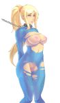 1girl arms_behind_back bdsm big_breasts blonde_hair blue_eyes blush bodysuit bondage bound breasts breasts_outside chain chains collar female female_only leash lips long_hair metroid nintendo nipples owler payot pixiv_manga_sample ponytail pussy samus_aran scrunchie sidelocks simple_background skin_tight slave solo solo_female spiked_collar spikes standing torn_bodysuit torn_clothes uncensored white_background zero_suit