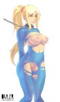 1girl arms_behind_back bdsm big_breasts blonde_hair blue_eyes bodysuit bondage bound breasts chain chains collar female female_only leash lips long_hair metroid nintendo nipples owler payot pixiv_manga_sample ponytail pussy samus_aran scrunchie sidelocks skin_tight solo solo_female spiked_collar spikes standing torn_bodysuit torn_clothes uncensored white_background zero_suit