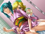 2girls aqua_eyes aqua_hair bare_legs blonde_hair blush dutch_angle fingering folded_ponytail from_behind game_cg indoors japanese_clothes kimono kimono_lift legs looking_at_another multiple_girls nurse nurse_cap parted_lips pink_clothes sash short_hair yellow_eyes yuri