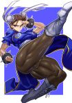 1girl 1girl asian asian_female big_breasts big_breasts boots bracelet bracelets breasts brown_hair brunette cameltoe capcom chinese chinese_clothes chun-li female_only fighting fit fit_female gamjasssak hair_bun hair_buns kicking makeup martial_artist martial_arts martial_arts_uniform muscular muscular_female muscular_legs muscular_thighs one_leg_up puffy_pussy pussy pussy_visible_through_clothes skin_tight spiked_bracelet street_fighter thick thick_thighs thighs toned_legs twin_buns