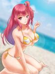 1girl 1girl alluring beach big_breasts bikini breasts cleavage dead_or_alive high_res honoka honoka_(doa) koei_tecmo long_hair pink_eyes pink_hair smile swimsuit tecmo