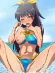 1girl ahoge baanin bad_id bangs bikini black_hair blue_bikini blush breast_slip breasts criss-cross_halter crying ganaha_hibiki hair_ribbon halter_top halterneck horizon idolmaster long_hair navel nipple_slip nipples nose_blush ocean one_breast_out open_mouth outdoors partially_visible_vulva ponytail pubic_hair pubic_hair_peek pussy ribbon sitting sky solo spread_legs swimsuit tears wardrobe_malfunction water wedgie wet yellow_ribbon