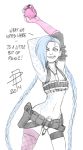  1girl armpits arms_up bangs belt blue_hair braid bullet callmepo explosive female female_only fishnet_legwear fishnets fringe grenade gun hair_over_one_eye handgun holster jinx_(league_of_legends) kill_la_kill league_of_legends long_hair multiple_belts nudist_beach_uniform pinupsushi pistol single_elbow_glove single_thighhigh solo tattoo twin_braids utility_belt very_long_hair weapon 