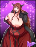 1girl agawa_ryou breasts brown_hair choker cleavage demon_girl dress female gigantic_breasts horns long_hair looking_at_viewer maou_(maoyuu) maoyuu_maou_yuusha red_eyes solo wide_hips