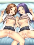 2_girls 2girls after_sex aftersex awatsuki_maaya blue_eyes blue_hair blush breasts brown_hair censored cum cum_drip cum_in_pussy cumdrip hands_clasped hands_together long_hair lying multiple_girls myu-po nipples on_back open_clothes open_mouth open_shirt pussy school_uniform shirt short_hair smile spread_legs sweat sweater_vest to_aru_kagaku_no_railgun to_aru_majutsu_no_index v vest_lift wannai_kinuho