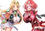  2_girls alluring big_breasts blonde_hair high_res long_hair milf multiple_girls mythra nintendo pichu_kawaii pyra red_eyes red_hair short_hair xenoblade_(series) xenoblade_chronicles_2 yellow_eyes 