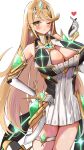  1girl 1girl alluring big_breasts blonde_hair blush commentary_request diamond_earrings earrings floating_earring hand_on_own_hip heart high_res jewelry long_hair mythra one_eye_closed pichu_kawaii simple_background standing thigh_strap tiara white_background xenoblade_(series) xenoblade_chronicles_2 yellow_eyes 