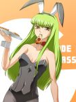 1girl animal_ears baanin breasts bunny_ears bunny_girl bunnysuit c.c. cc code_geass fake_animal_ears female food green_hair pantyhose pizza solo yellow_eyes