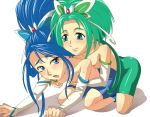  2girls :o akimoto_komachi all_fours aqua_eyes baanin bent_over bike_shorts blue_eyes blue_hair blush breast_grab breasts butterfly cure_aqua cure_mint detached_sleeves flat_chest grabbing green_eyes green_hair groping hair_ornament hair_ribbon jewelry kneeling long_hair magical_girl minazuki_karen miyabi_maou multiple_girls naughty_face nipple_tweak nipples open_mouth ponytail precure pretty_cure ribbon shadow shiny shiny_clothes simple_background smile sweat tears topless twintails very_long_hair white_background yes!_precure_5 yes!_pretty_cure_5 yuri 